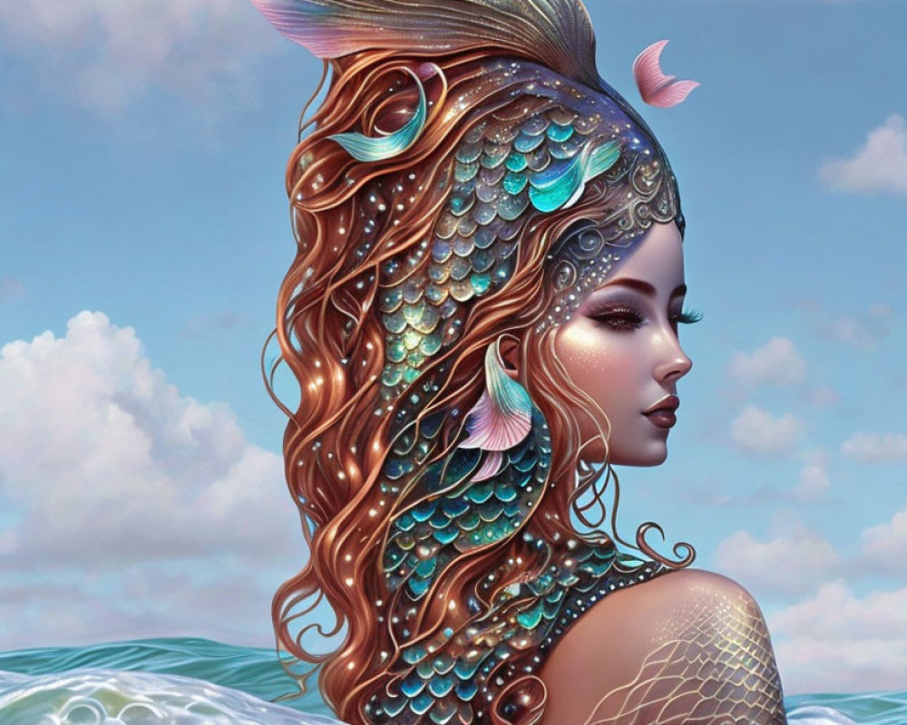 Mermaid illustration with fish scales, copper hair, and ocean backdrop