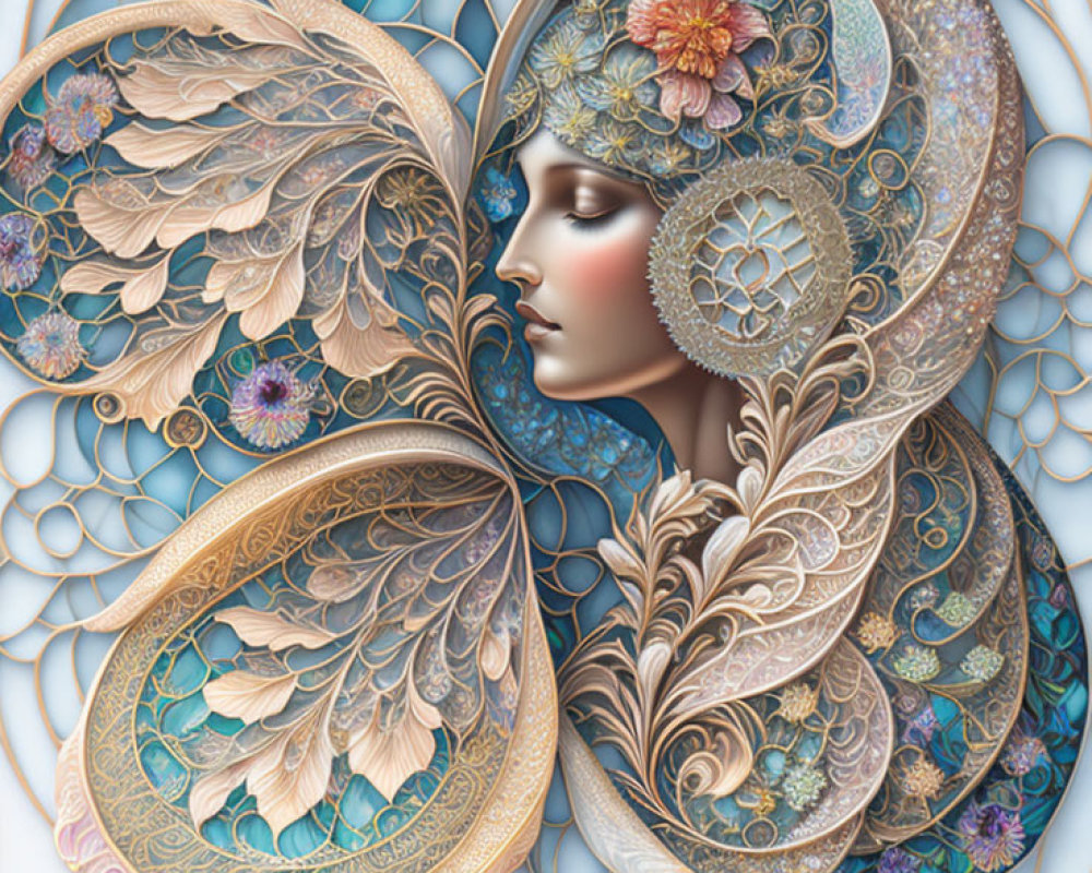 Detailed Butterfly Wing Artwork with Serene Female Face