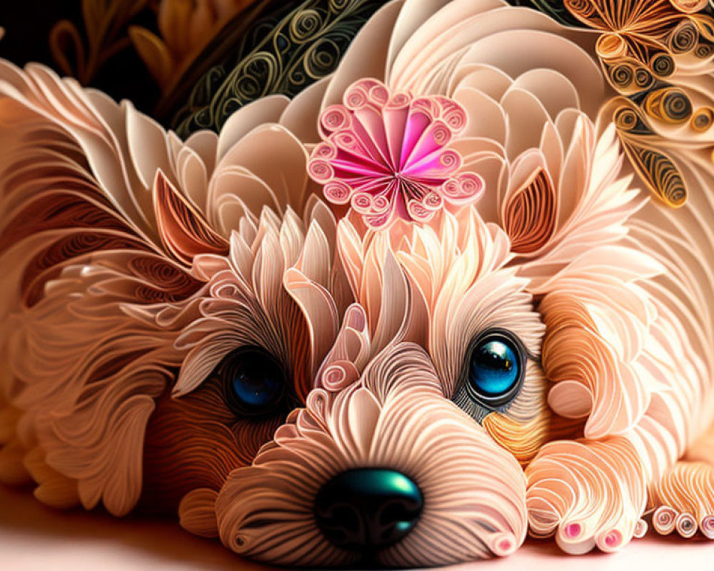 Stylized digital artwork: Intricate curled-paper-textured dog with expressive blue eyes