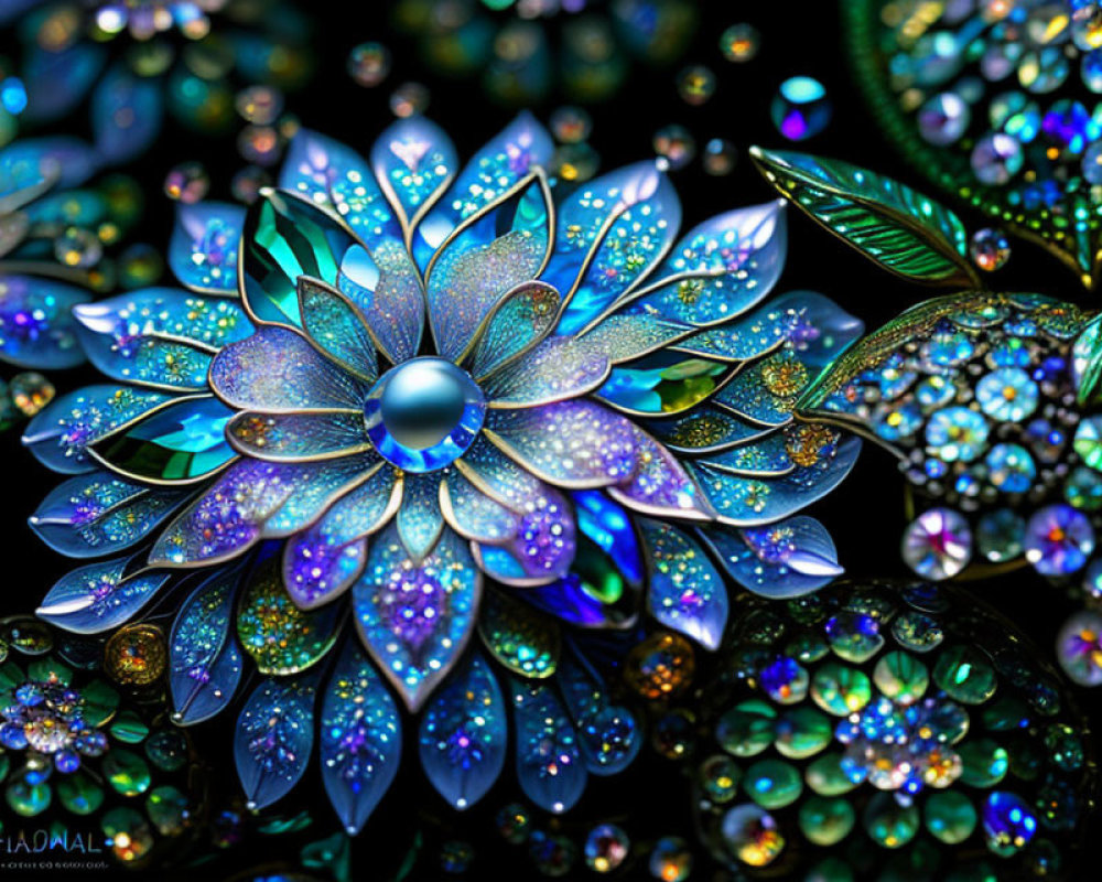 Colorful digital artwork featuring iridescent flower with jewel-like details