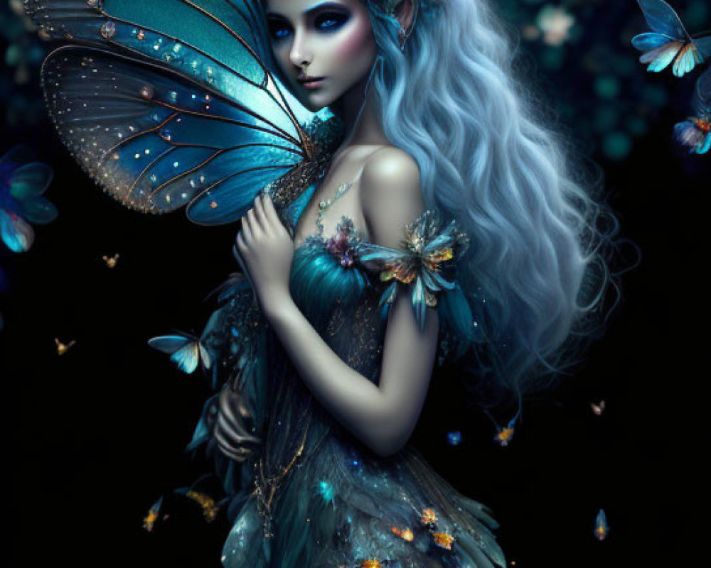 Enchanting fairy with blue wings in mystical setting