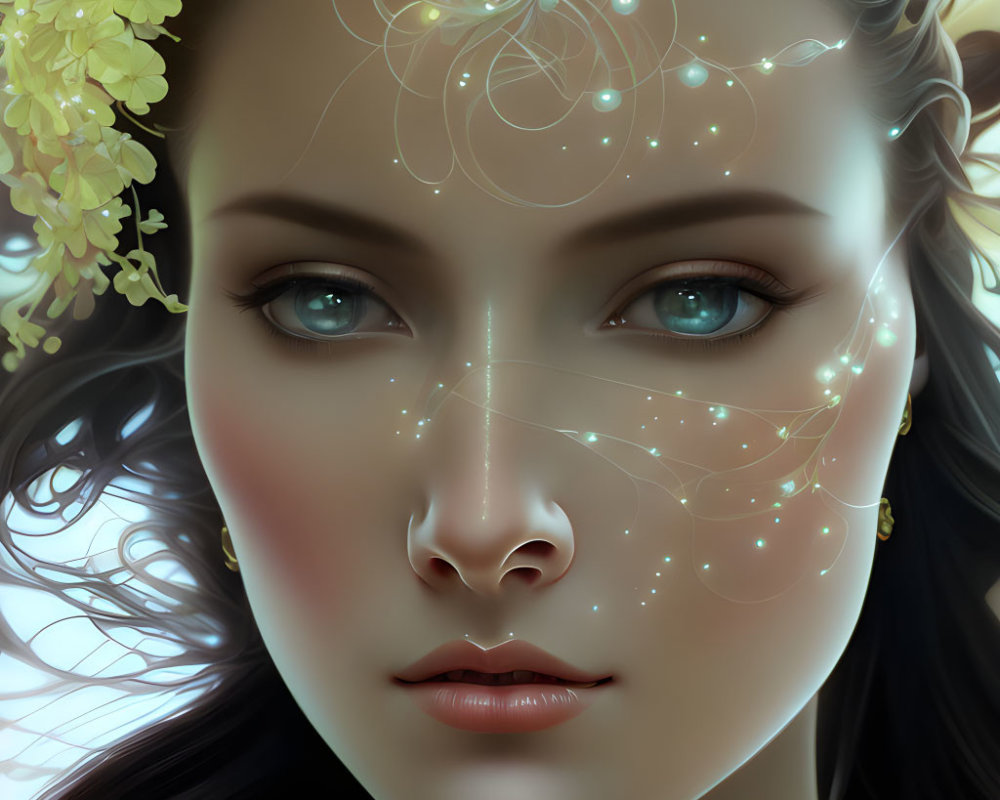 Digital portrait of a woman with luminescent patterns, intricate jewelry, and yellow flowers in her dark