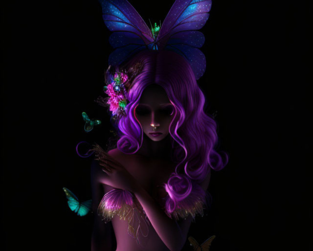 Mystical fairy with violet hair and butterfly wings in dark setting surrounded by glowing butterflies