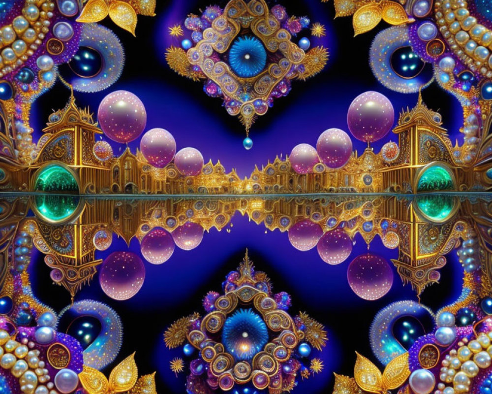 Symmetrical gold-edged fractal image with glowing orbs in blue palette