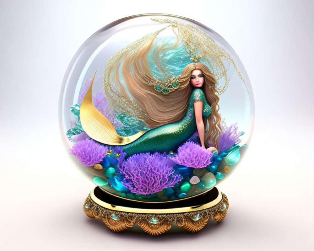 Mermaid Fantasy Illustration with Golden Hair in Transparent Globe