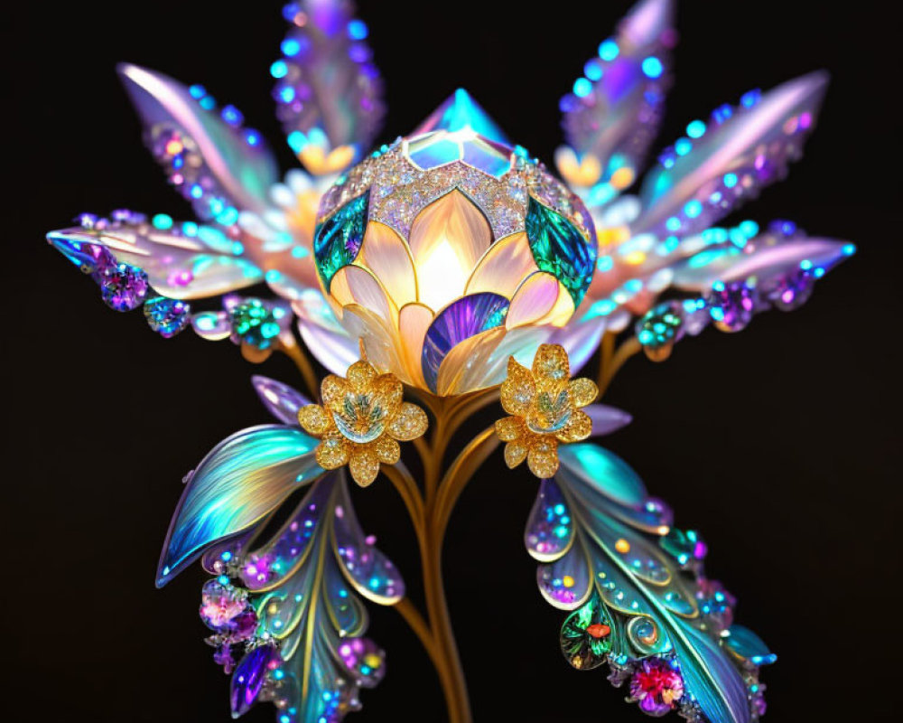 Colorful Lotus Flower Sculpture with Glittering Petals on Dark Background