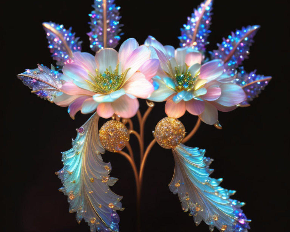 Luminescent fantasy flowers with iridescent petals on dark background