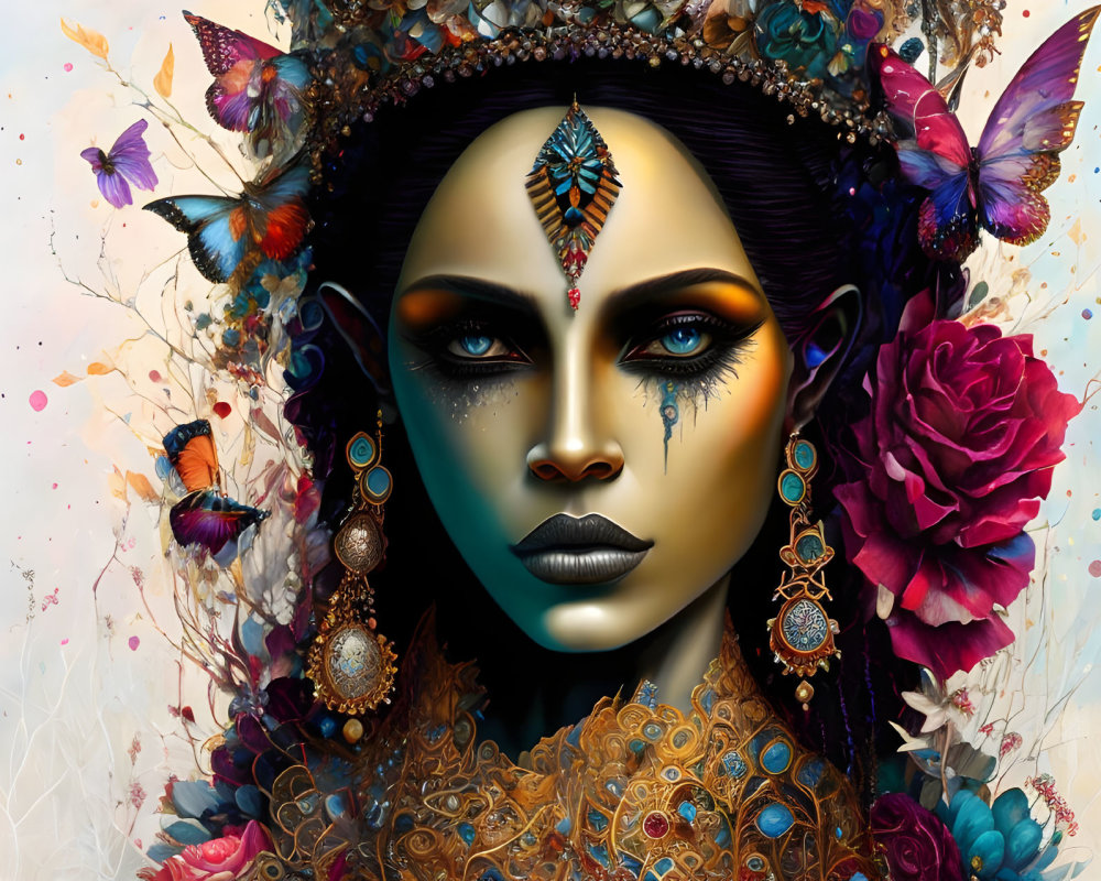 Detailed digital artwork: Woman with blue skin, ornate headdress, jewelry, and butterflies, ex