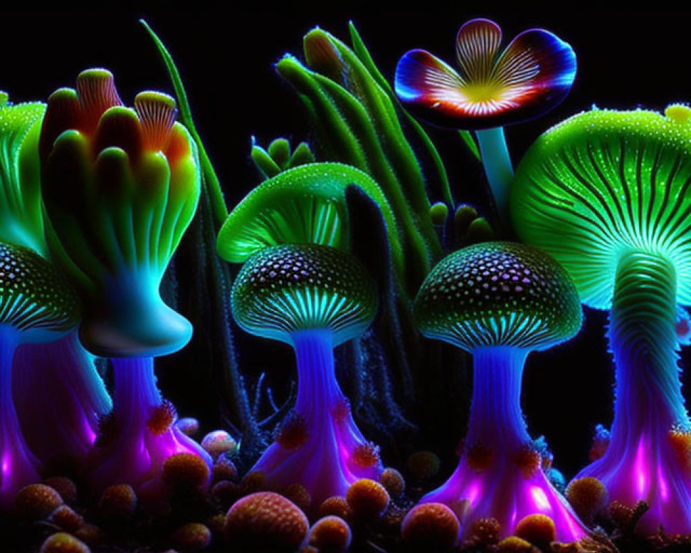 Vibrant neon-colored mushrooms on black background: Fantasy botanical scene