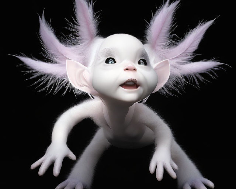 Whimsical creature with oversized ears and four arms on black background