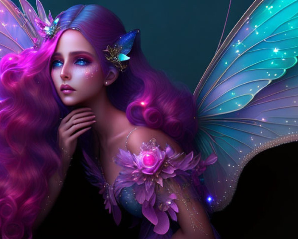 Fantasy image featuring person with pink and blue hair, butterfly wings, ethereal makeup, and floral