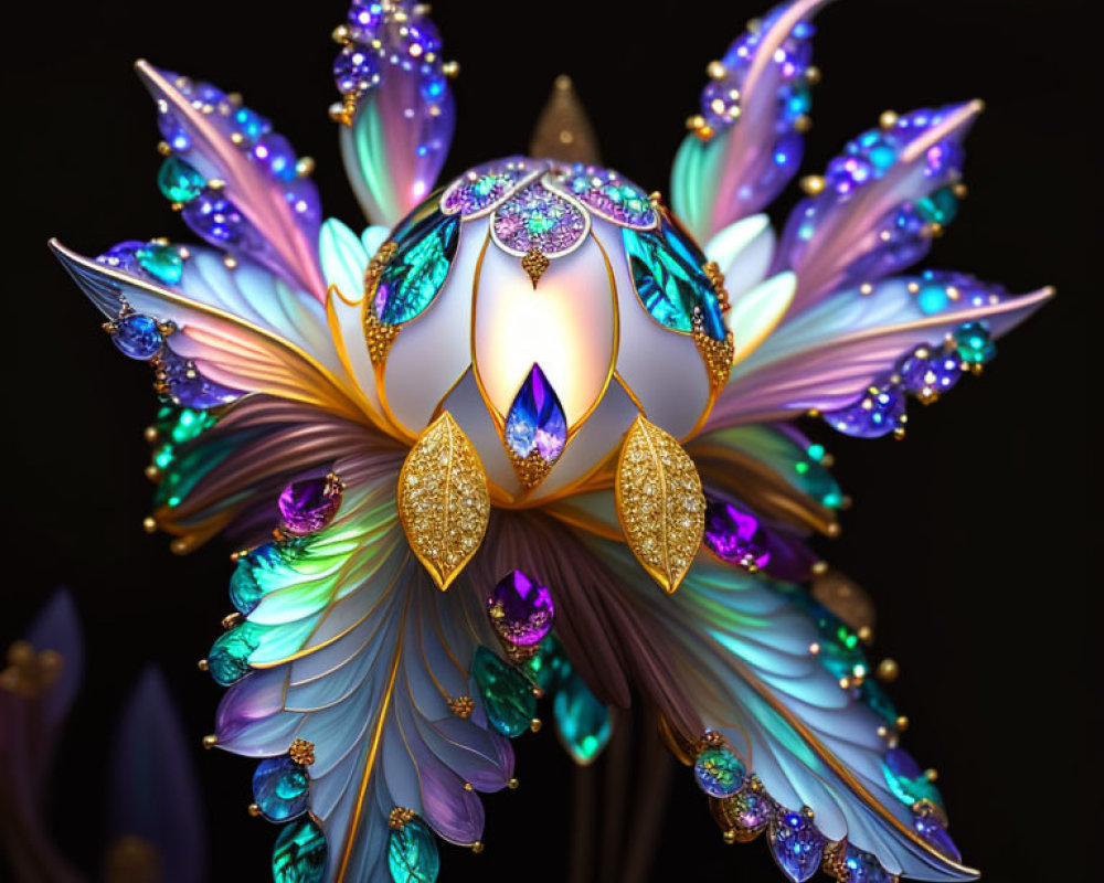 Luminescent digital artwork of jewel-encrusted floral object with iridescent petals and