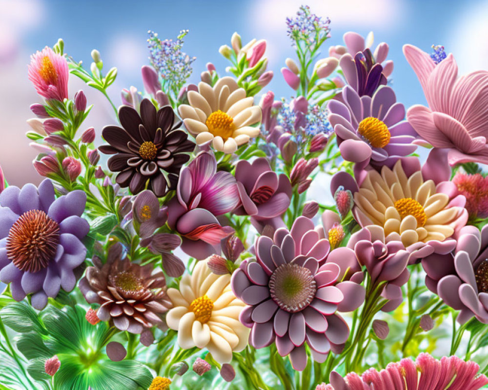 Colorful Blooming Flowers Against Blue Sky with Clouds