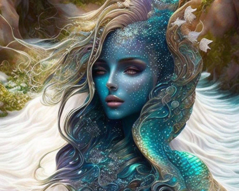 Mermaid with Blue Tail and White Hair in Light Sea Waves