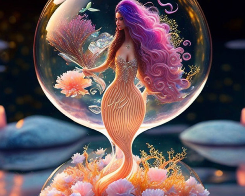 Mermaid in glass orb with coral and sea elements on twilight backdrop