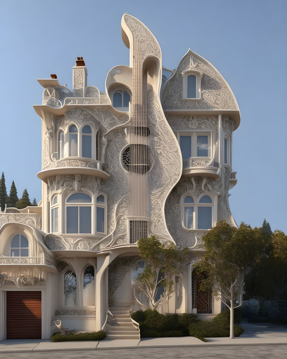 Ornate artistic house with giant guitar facade against clear sky