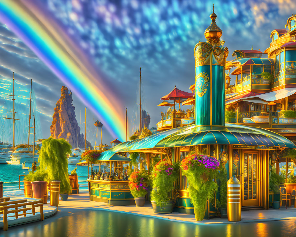 Colorful waterfront scene with rainbow, yachts, and rocky peak.