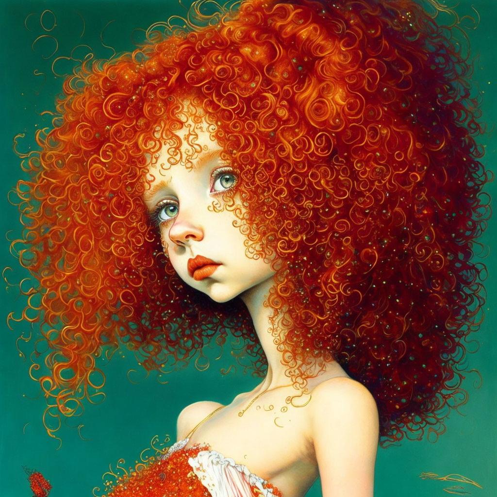 Portrait of girl with red curly hair and blue eyes in red sequined dress