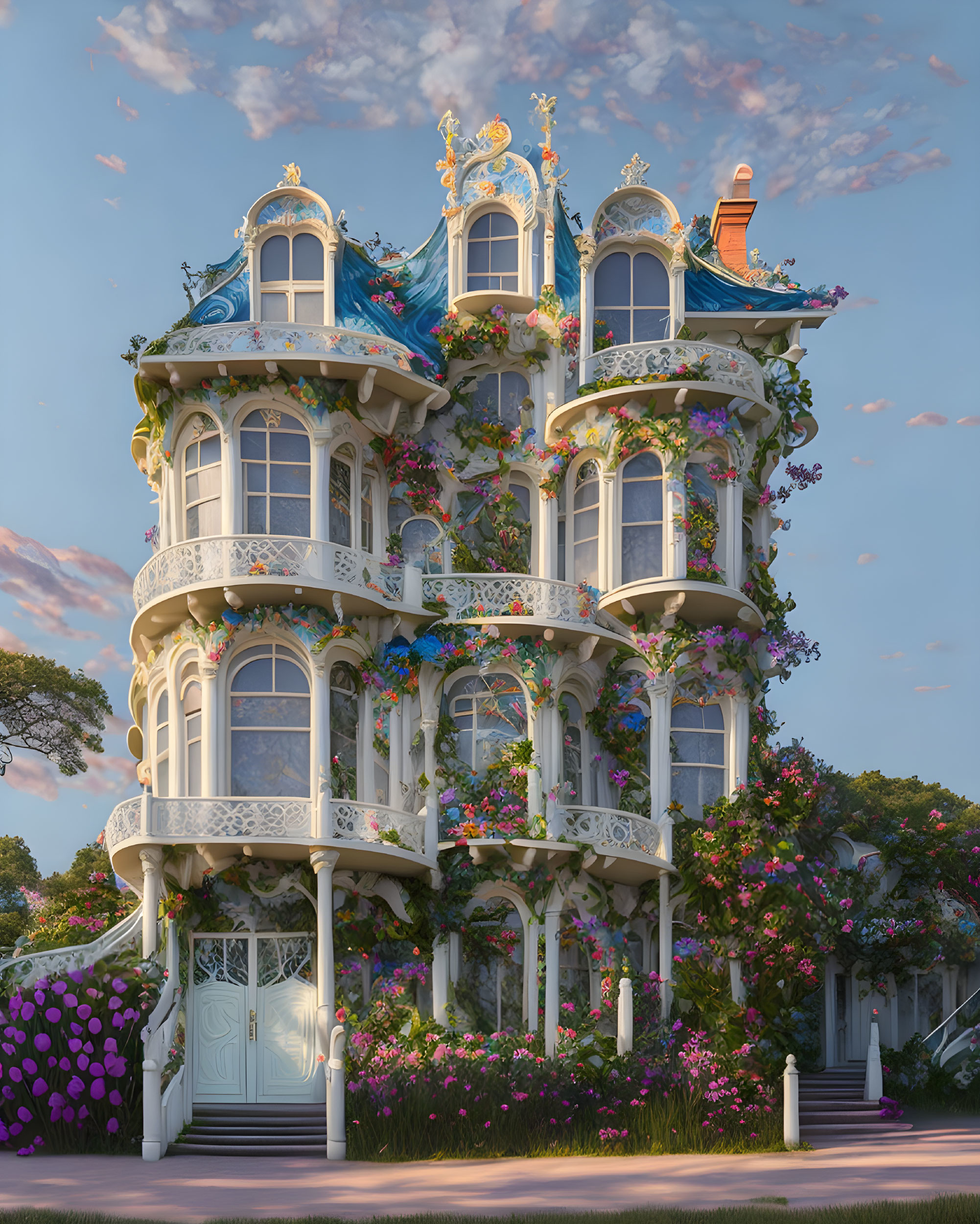 Ornate multi-story house with vibrant flowers and intricate architectural details