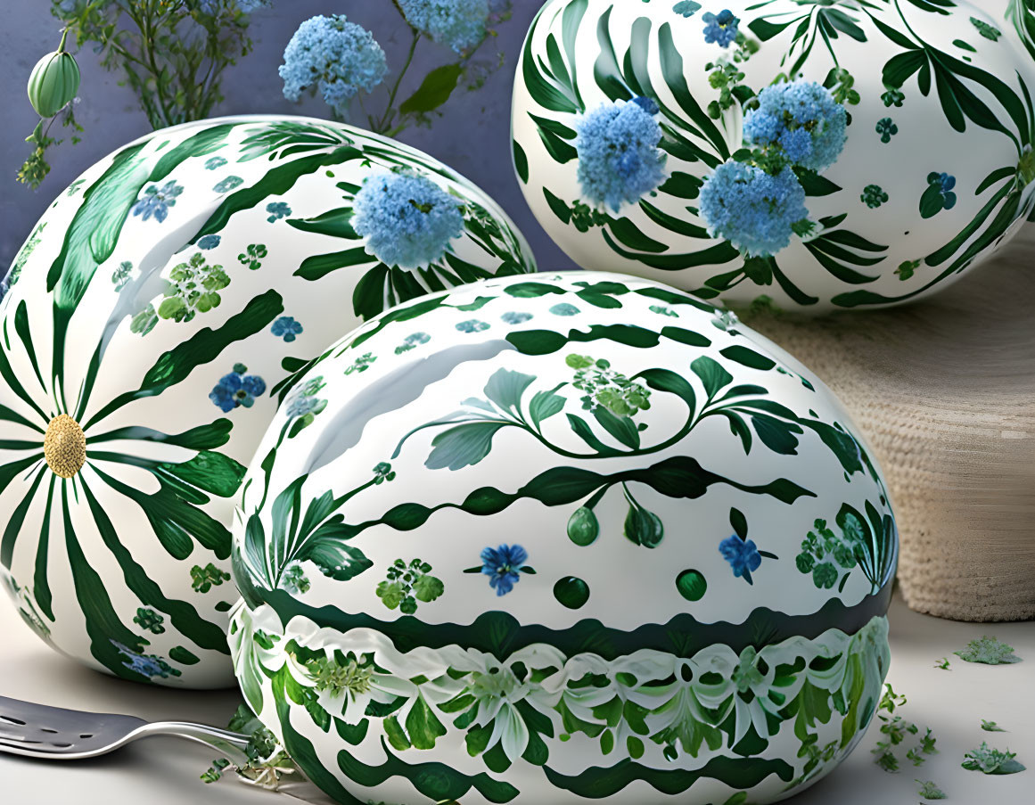 Ornate Easter eggs with floral patterns and blue flowers on textured surface