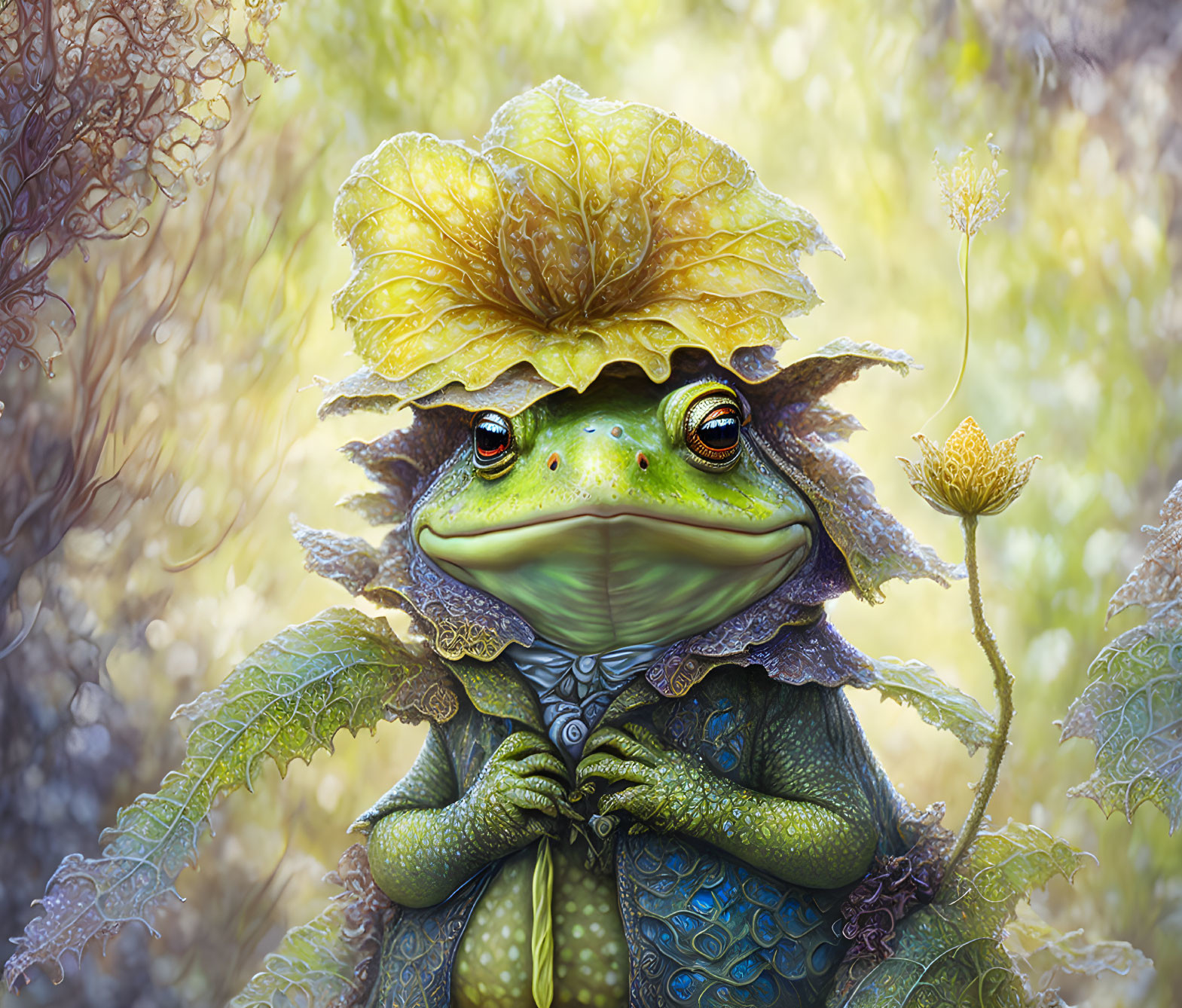 Colorful Frog Illustration with Leaf Hat and Coat in Dreamy Nature Scene