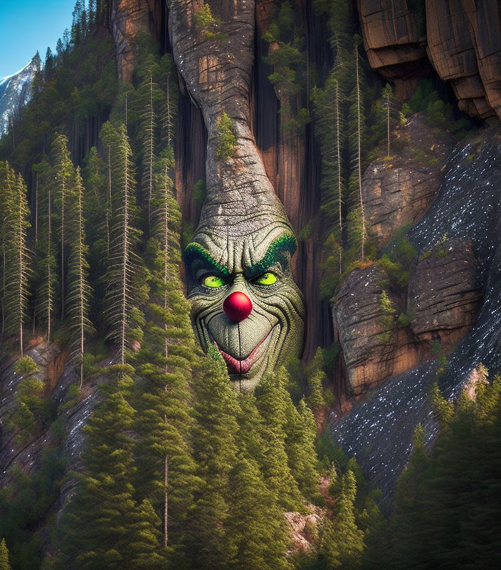 Surreal image: Rocky mountain, pine trees, Joker face illusion