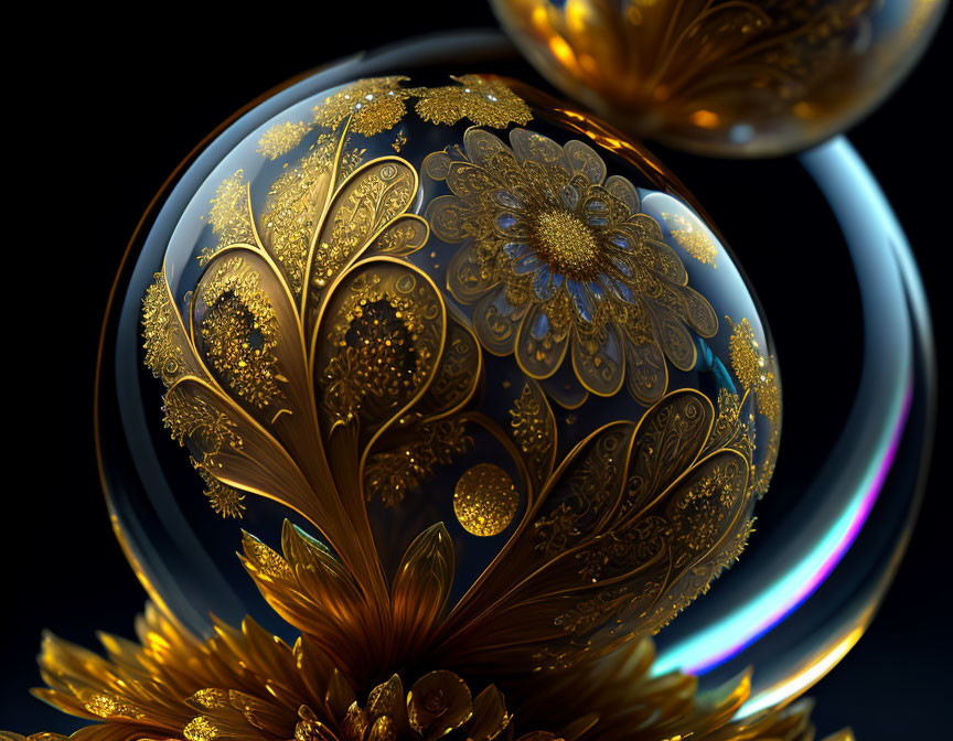 Intricate Golden Fractal Flower Patterns on Spherical Objects