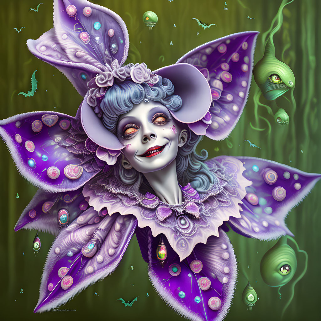 Whimsical fairy with purple wings and green creatures in mystical setting