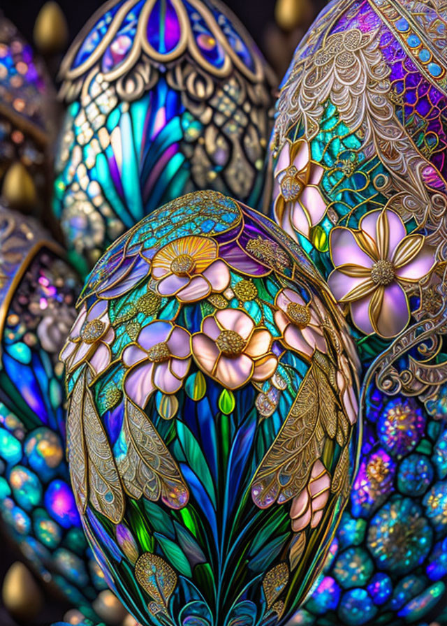 Colorful Fabergé-Style Eggs with Floral and Peacock Feather Motifs