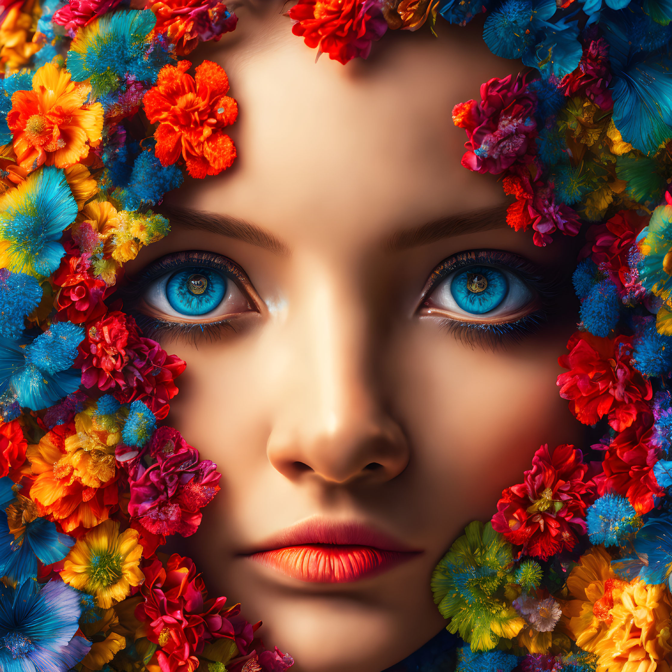 Close-up of woman's face with striking blue eyes and vibrant multicolored flowers