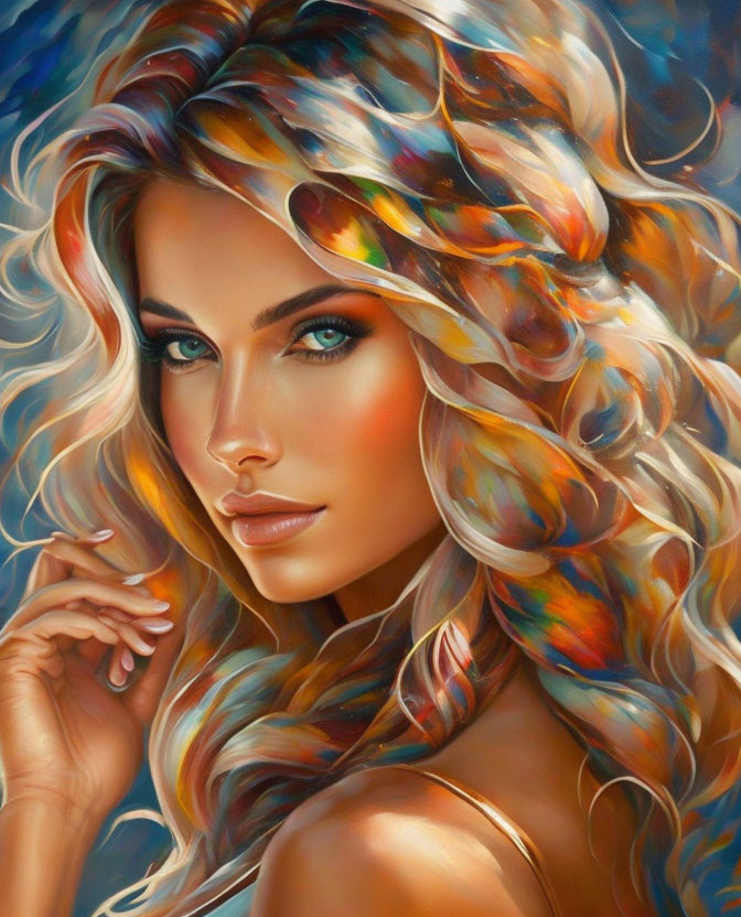 Colorful illustration of a woman with flowing hair and blue eyes