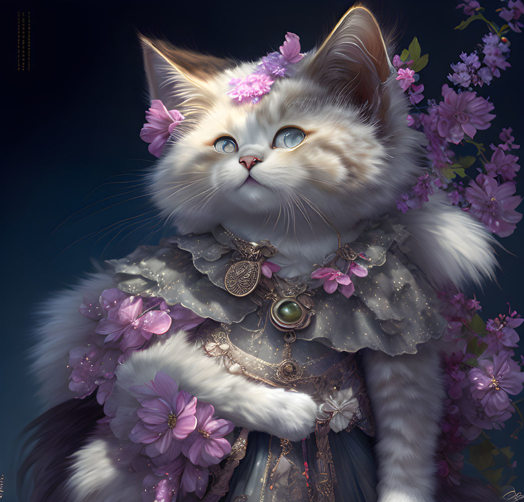 Detailed illustration of white cat with cherry blossoms and elegant dress