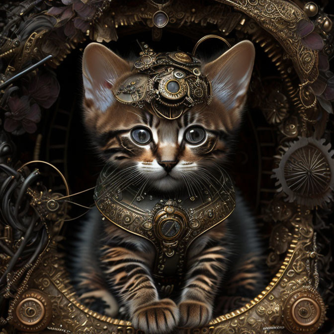 Steampunk-themed kitten with mechanical adornments and gears.