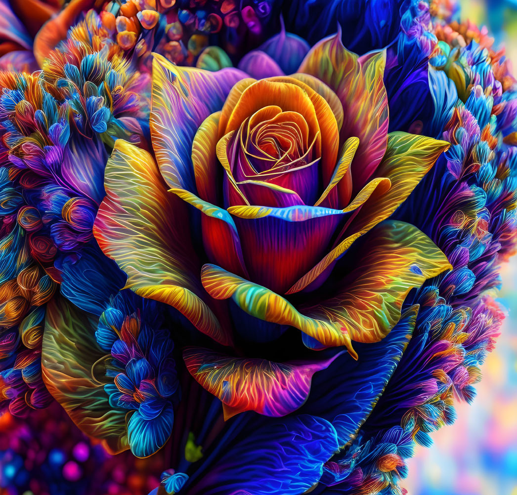 Colorful rose and neon flowers with psychedelic textures