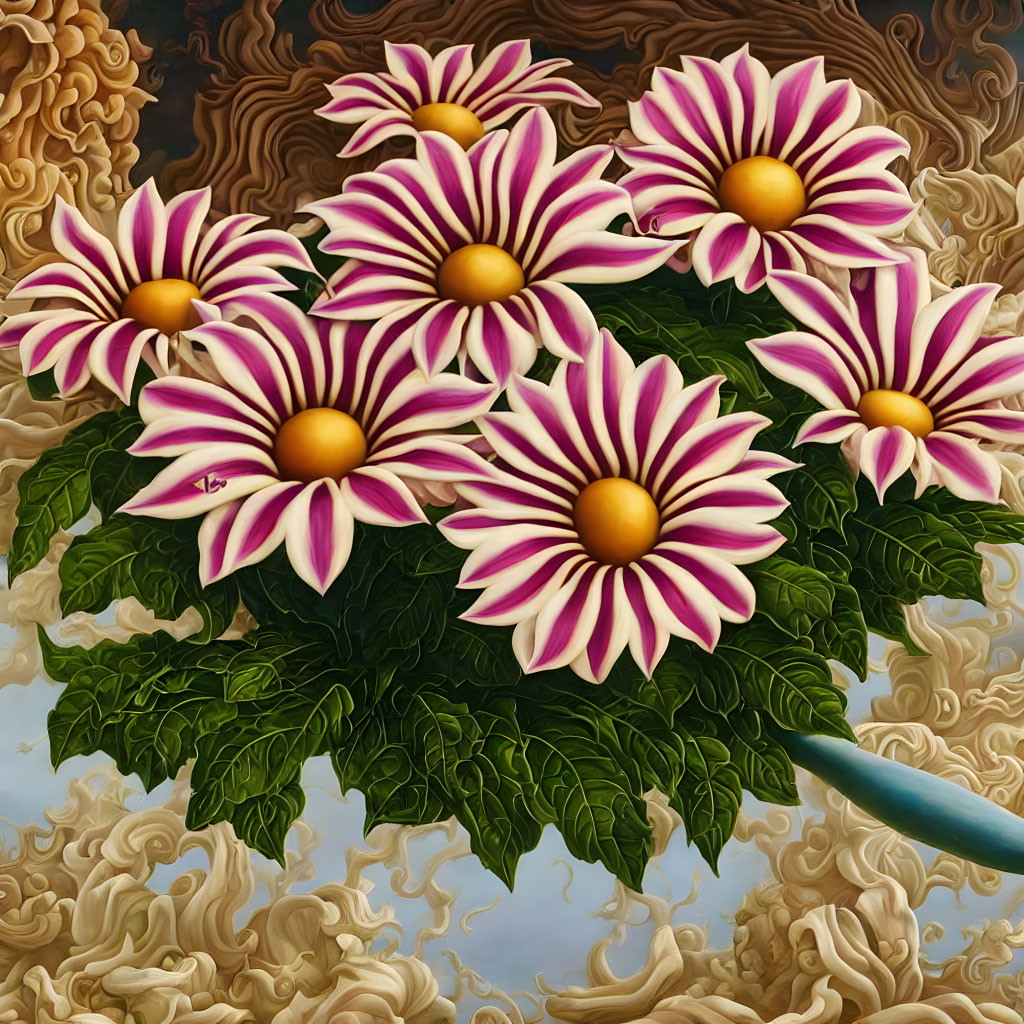 Purple and White Striped Flowers on Surreal Background with Green Stem