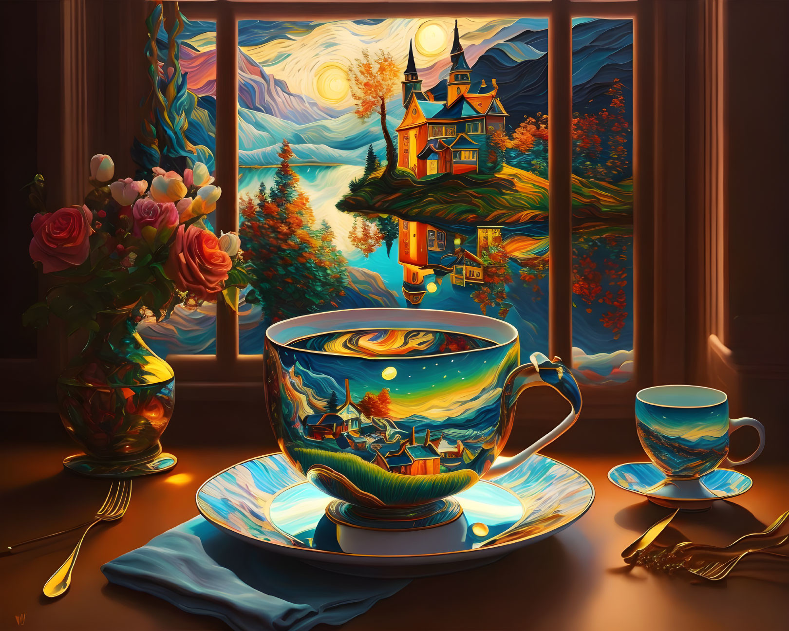 Surreal art: Table with teacup, scenic landscape reflection, fantastical window view