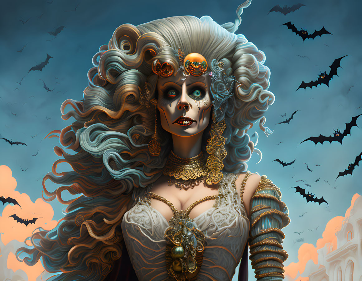 Baroque-style female figure with skull makeup and ornate jewelry among bats and moody skies