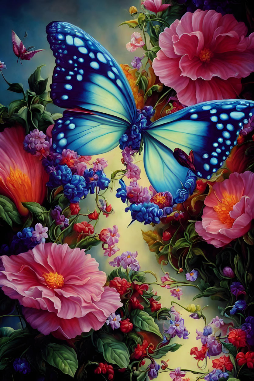 Colorful Blue Butterfly Illustration Among Vibrant Flowers