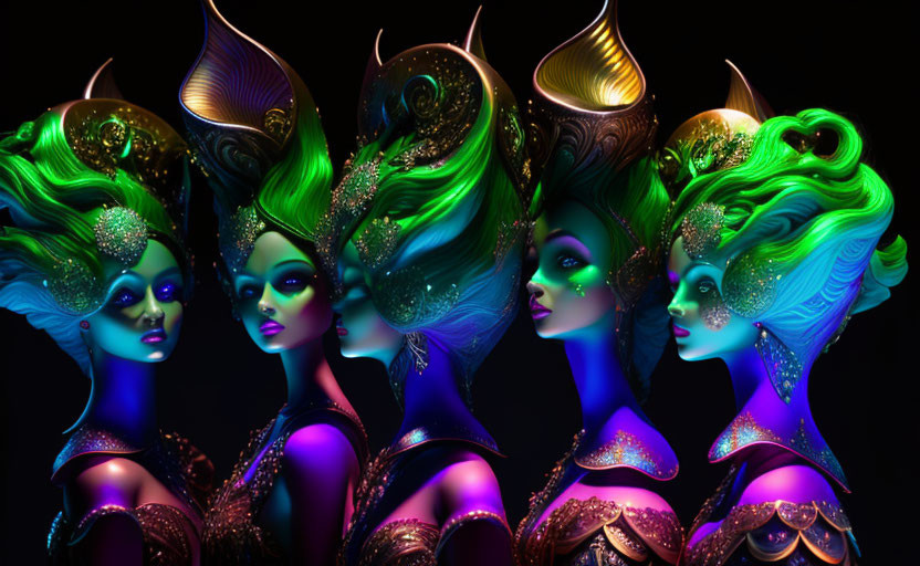 Colorful female figures with elaborate hairstyles and vibrant makeup on dark background