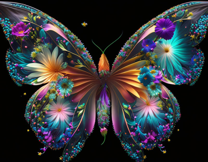 Colorful Flower Butterfly Artwork on Black Background