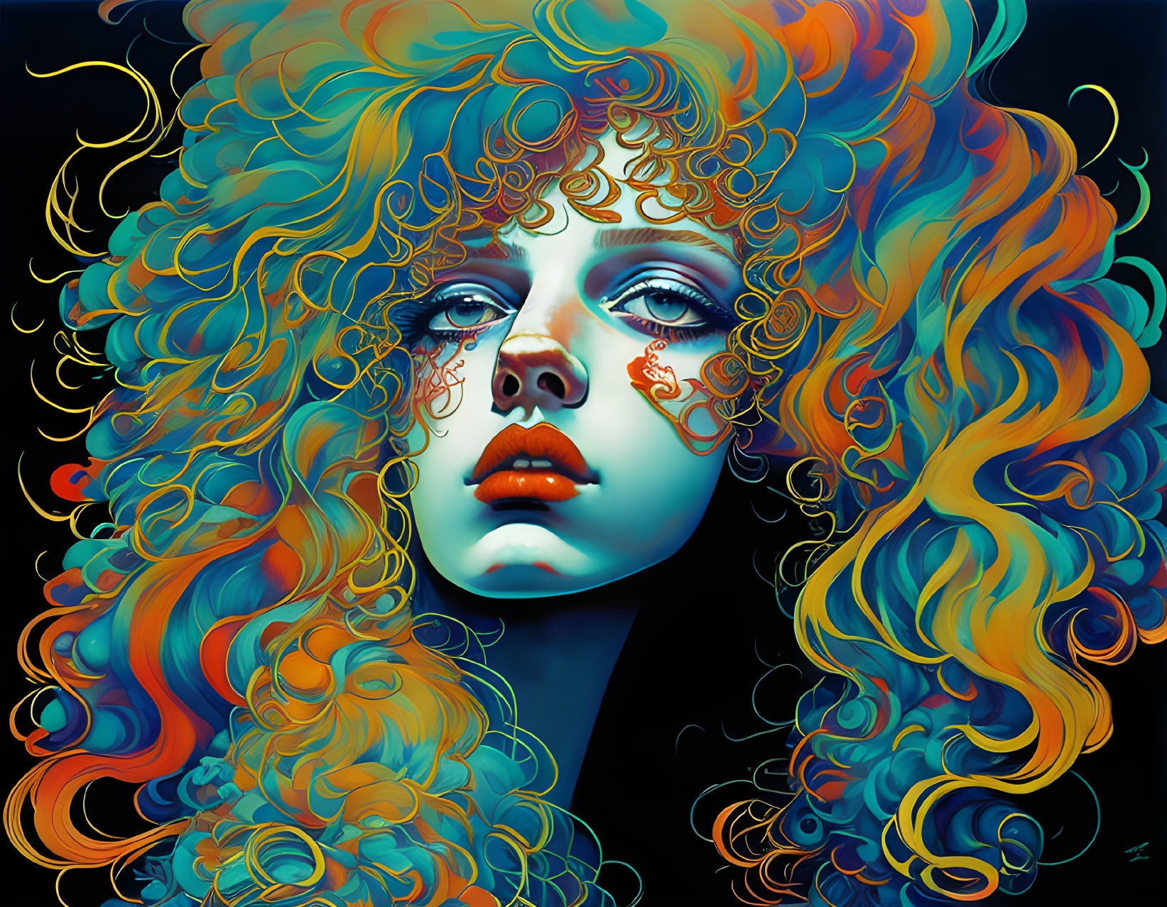 Vibrant digital artwork: Woman with orange and yellow curly hair on dark background