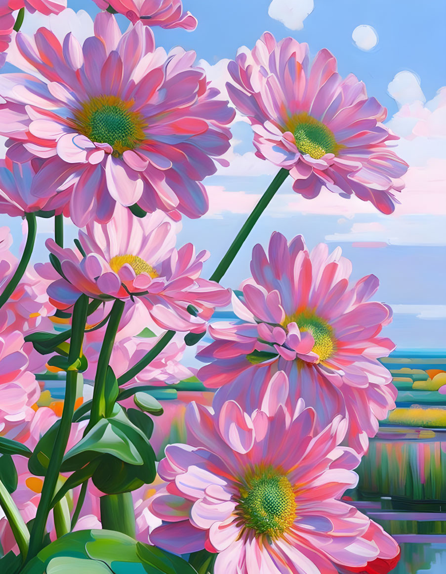 Colorful digital artwork featuring pink gerbera daisies and a vibrant landscape.