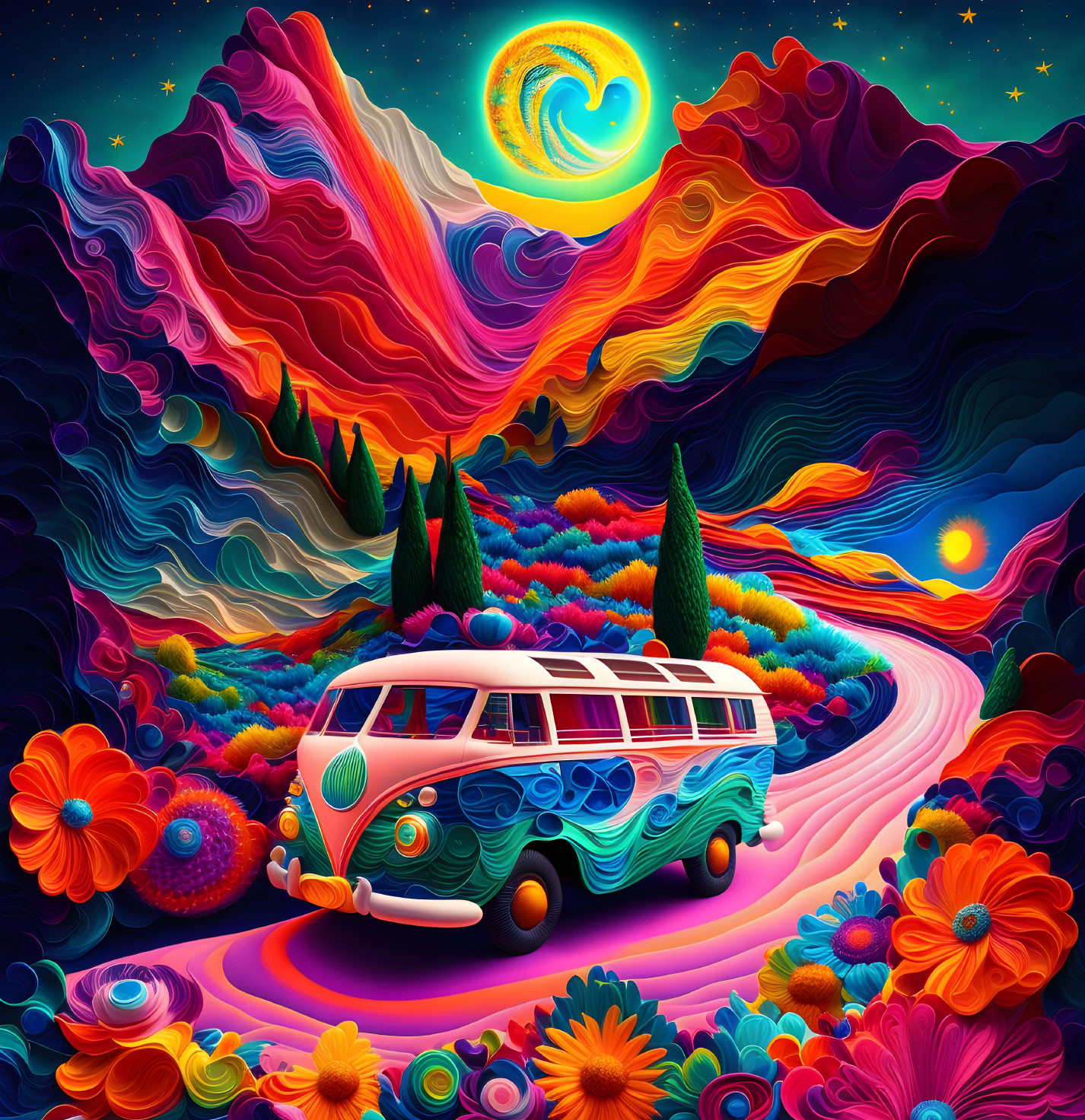 Colorful Psychedelic Artwork: Van on Winding Road in Alien Landscape