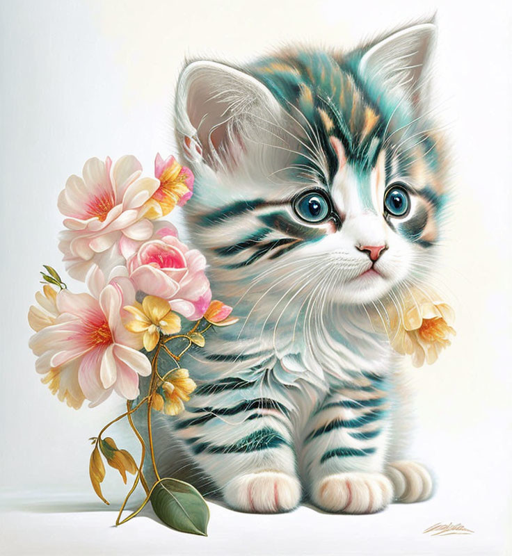 Colorful Striped Kitten with Pink and Yellow Flowers