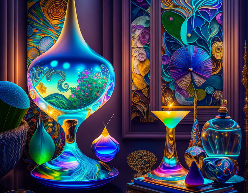 Colorful Glass Vases and Intricate Patterns in Vibrant Artwork