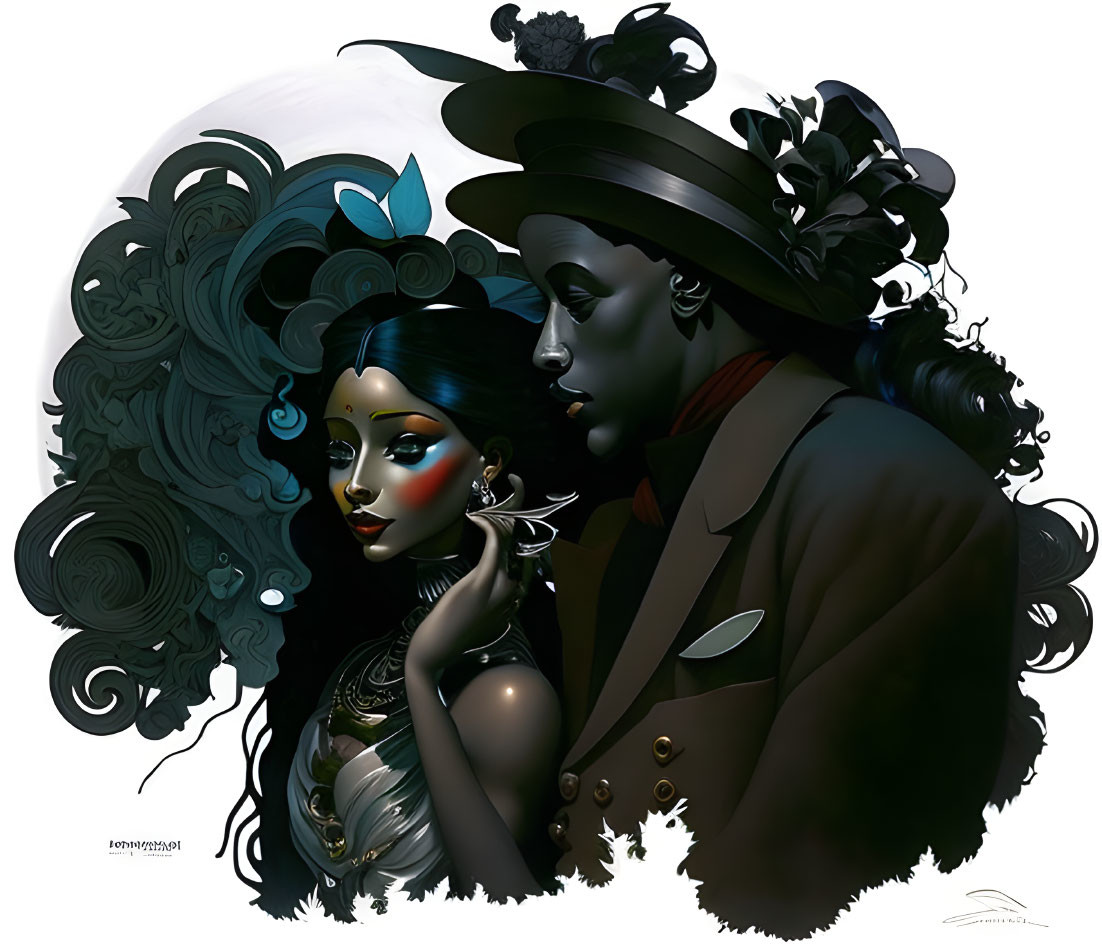 Vintage-style illustration of man and woman in intricate attire with dark color palette