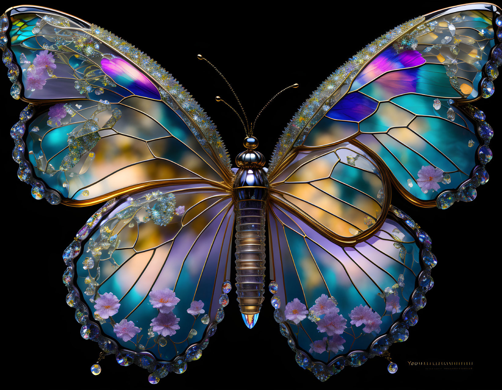 Iridescent blue butterfly with jewels and flowers on black background