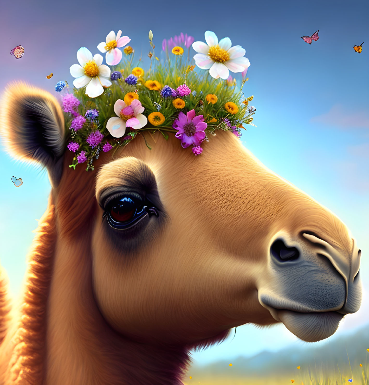 Camel wearing flower crown in nature scene