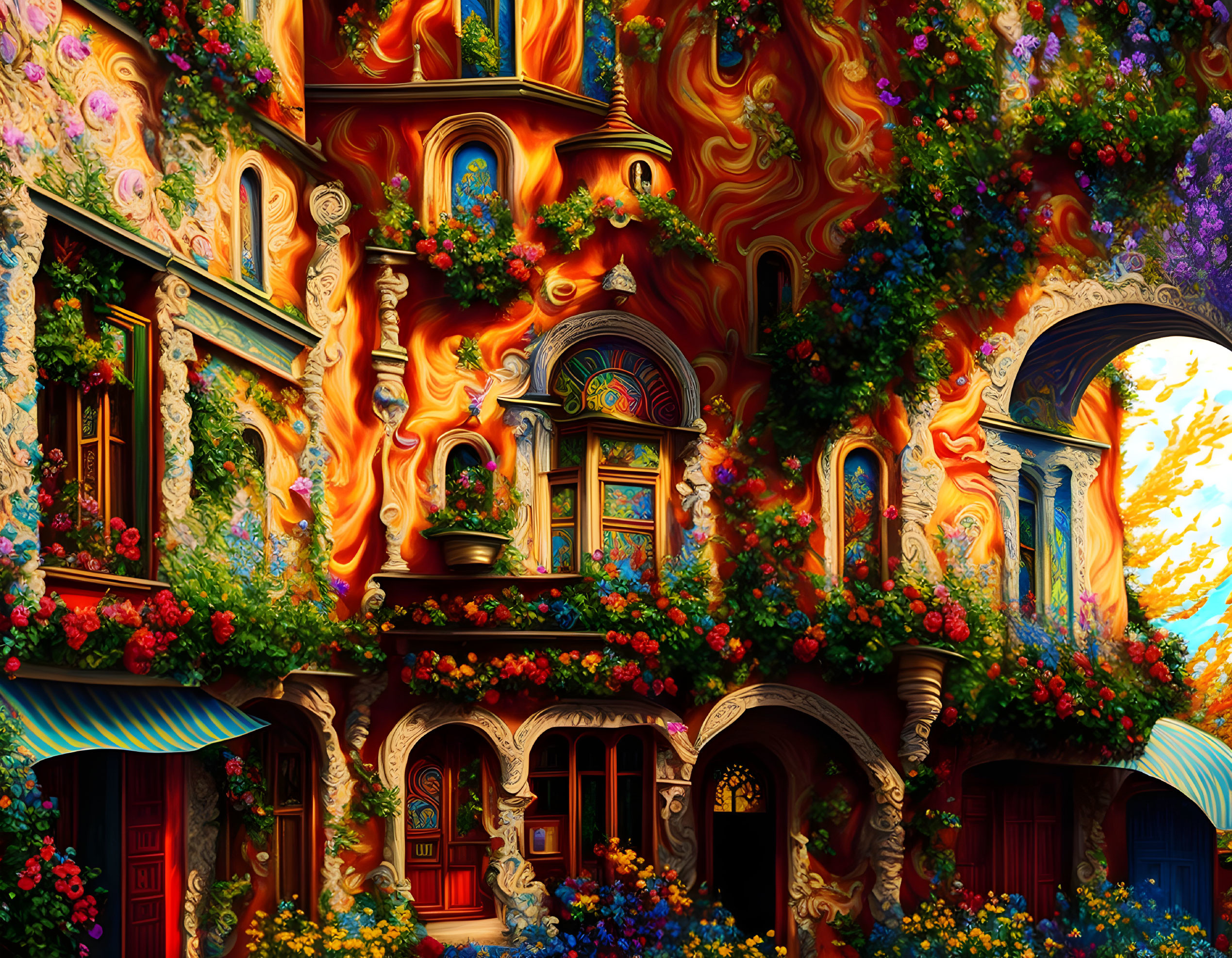 Colorful whimsical building with swirling patterns and arched windows, adorned with flowers