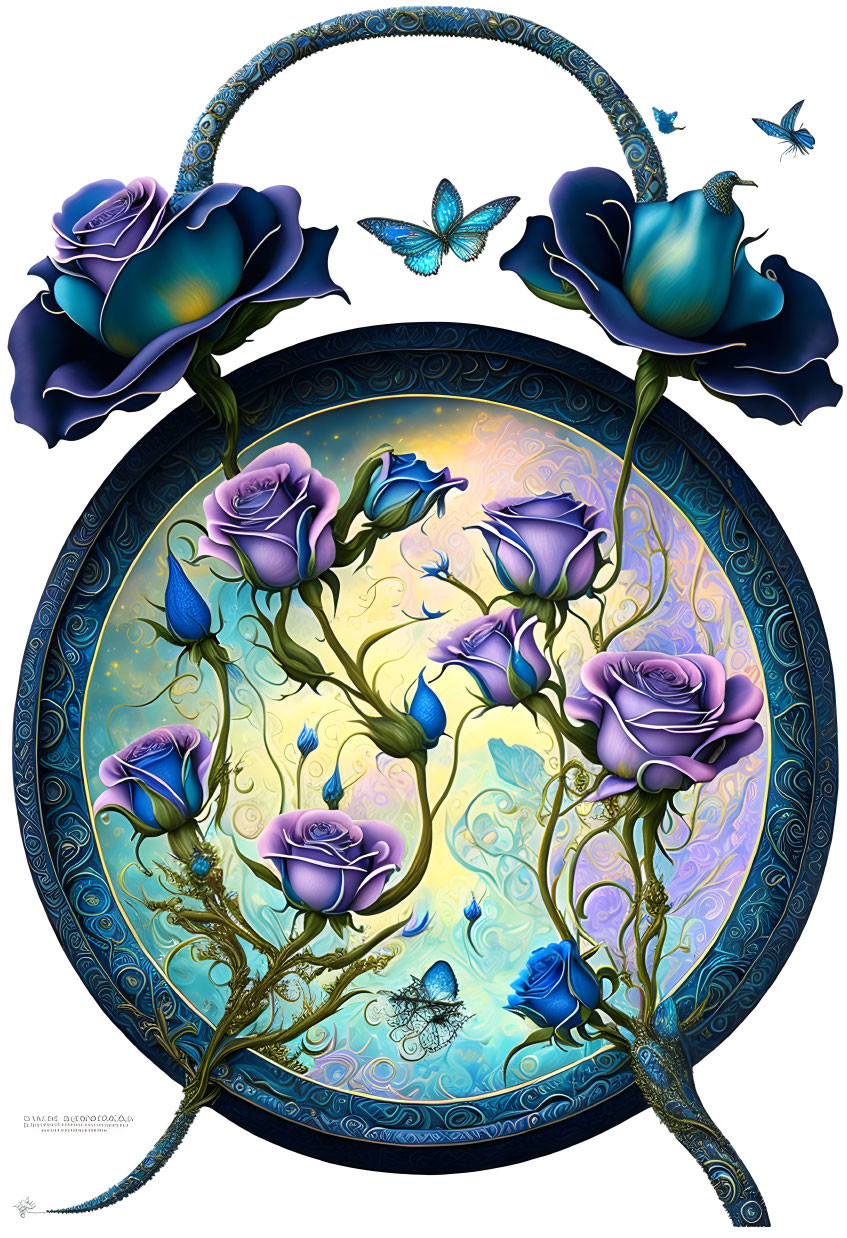 Artistic Illustration of Stylized Blue Roses and Butterflies with Golden Accents